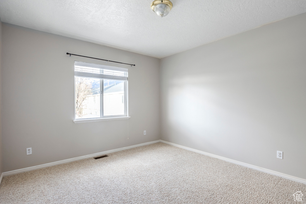 Spare room with a textured ceiling and light colored carpet