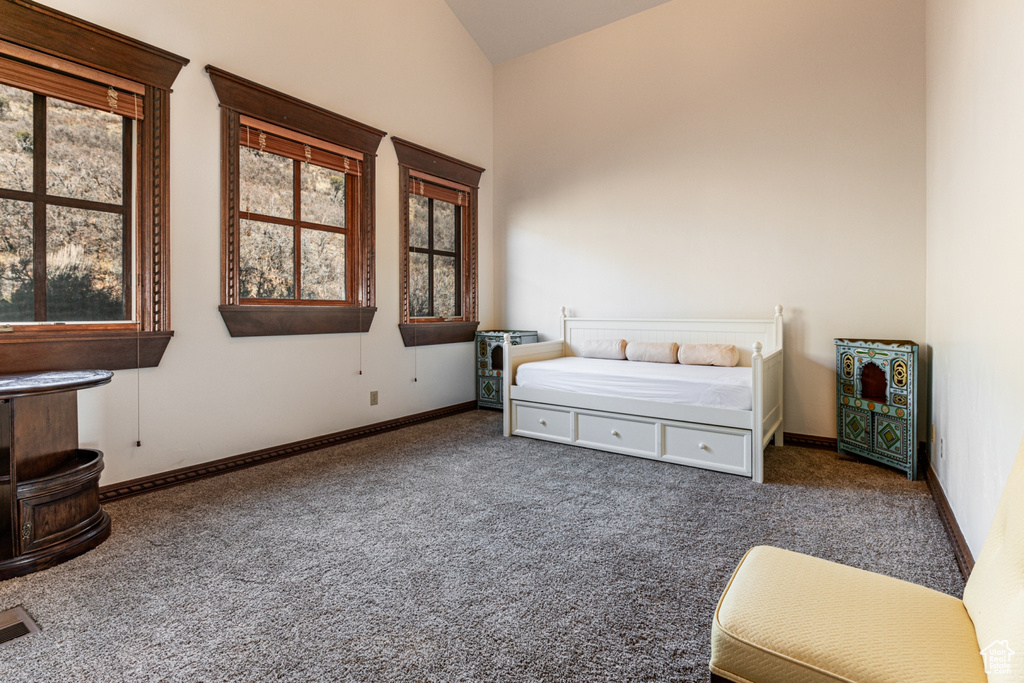 Bedroom with lofted ceiling and dark carpet