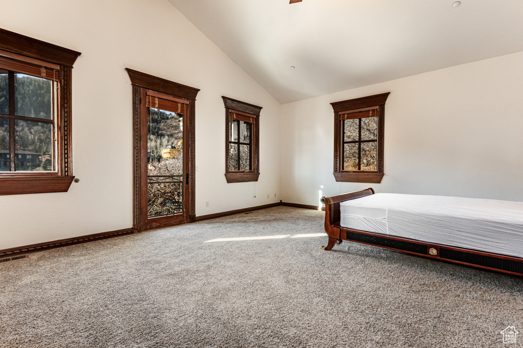 Unfurnished bedroom featuring light carpet, multiple windows, and high vaulted ceiling