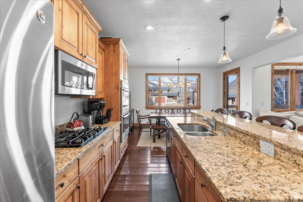 Kitchen featuring dark wood-type flooring, stainless steel appliances, decorative light fixtures, and sink