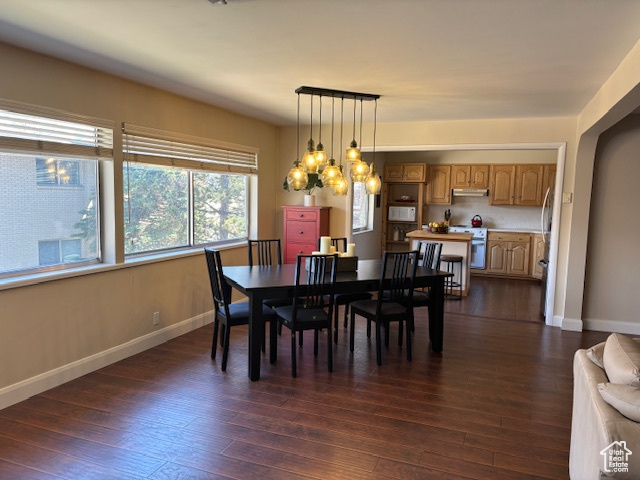 Dining area with a notable chandelier and dark wood-type flooring