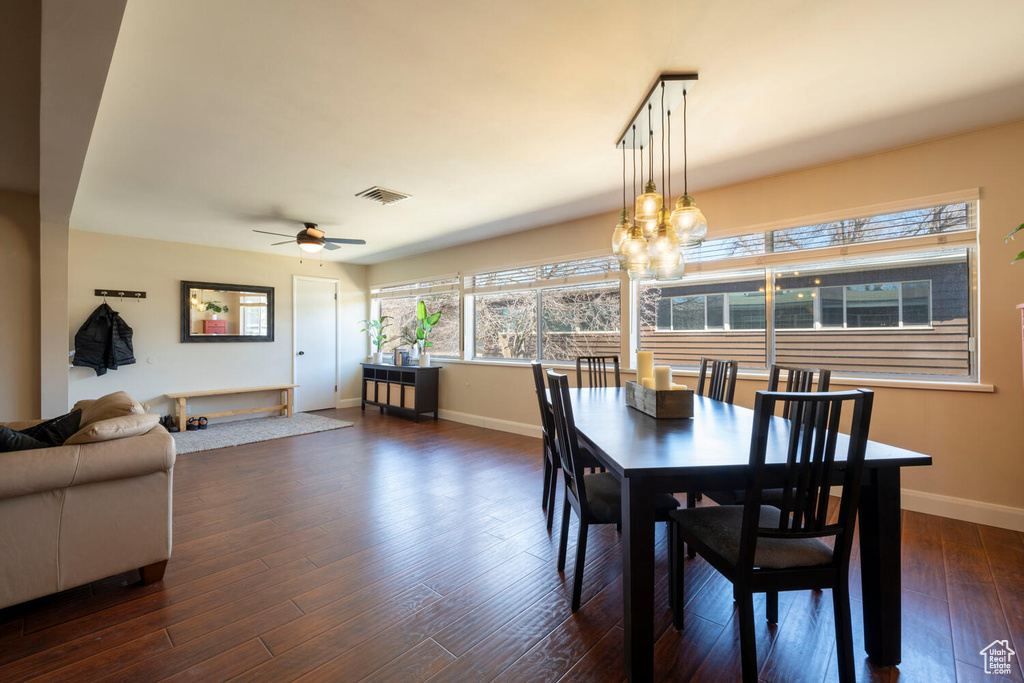 Dining space featuring dark hardwood / wood-style floors and ceiling fan with notable chandelier