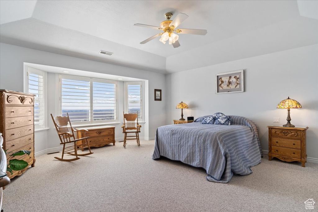 Carpeted bedroom with a tray ceiling and ceiling fan