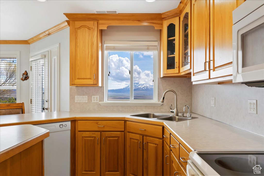 Kitchen with white appliances, plenty of natural light, crown molding, and sink