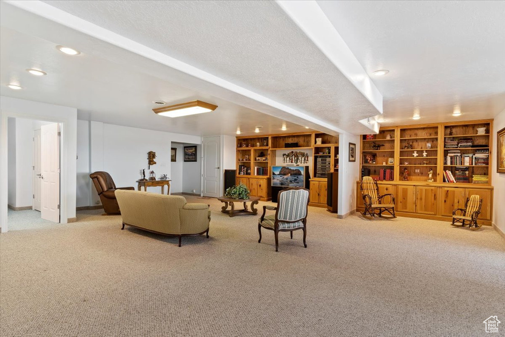 Living room featuring light carpet, a textured ceiling, and built in shelves
