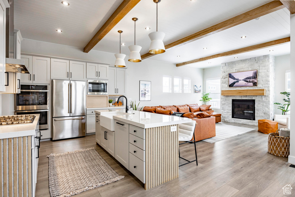 Kitchen featuring light hardwood / wood-style flooring, hanging light fixtures, a kitchen island with sink, and appliances with stainless steel finishes