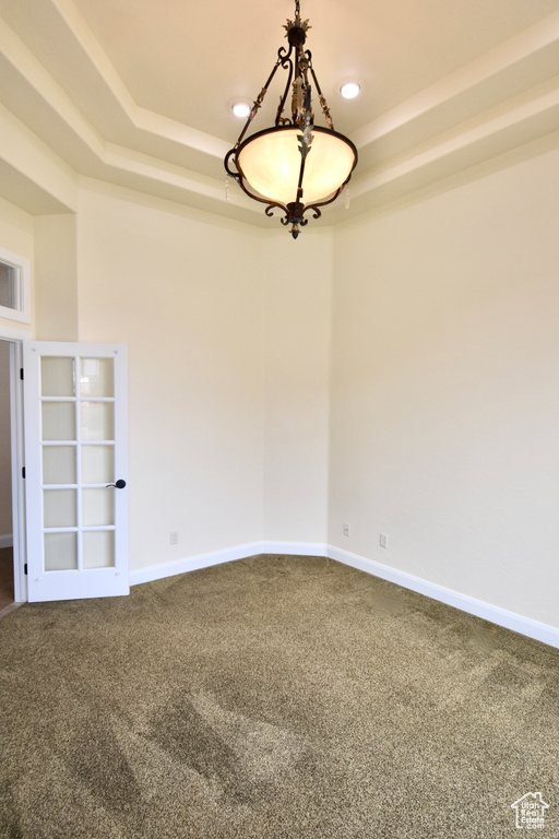 Spare room with a raised ceiling, carpet floors, and built in shelves