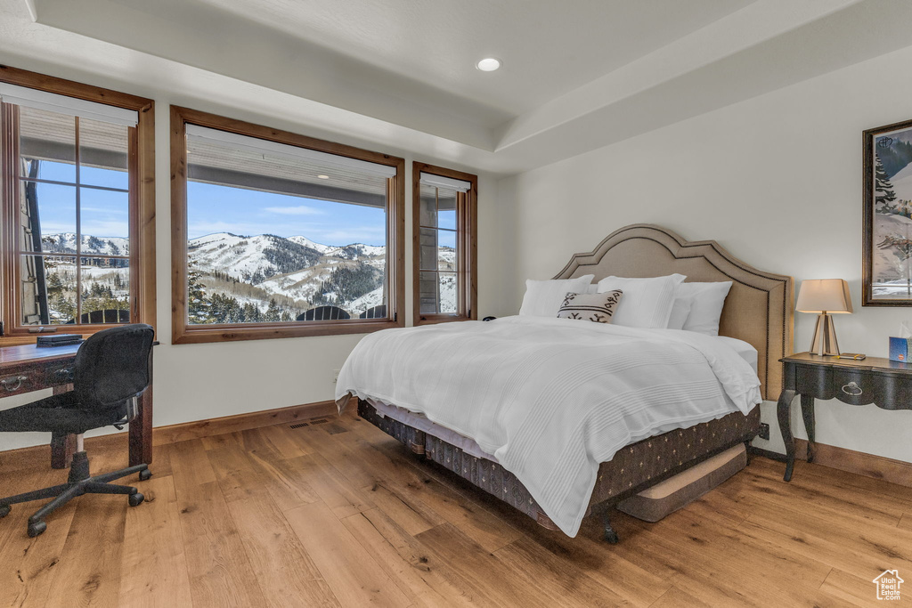 Bedroom with a mountain view, a tray ceiling, and light hardwood / wood-style floors