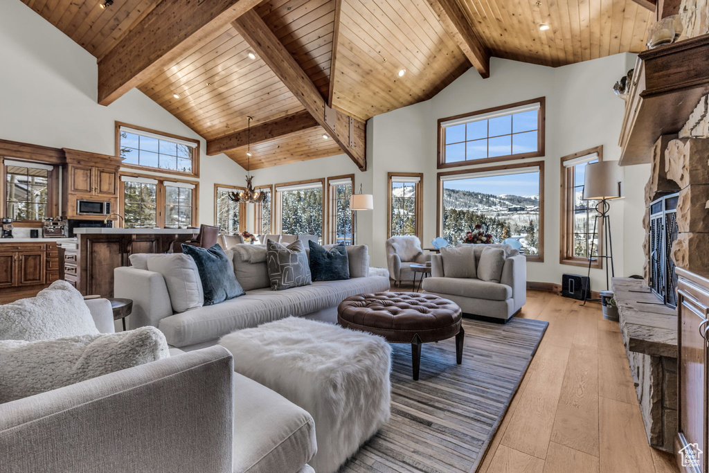 Living room featuring wood ceiling, beam ceiling, high vaulted ceiling, and a fireplace