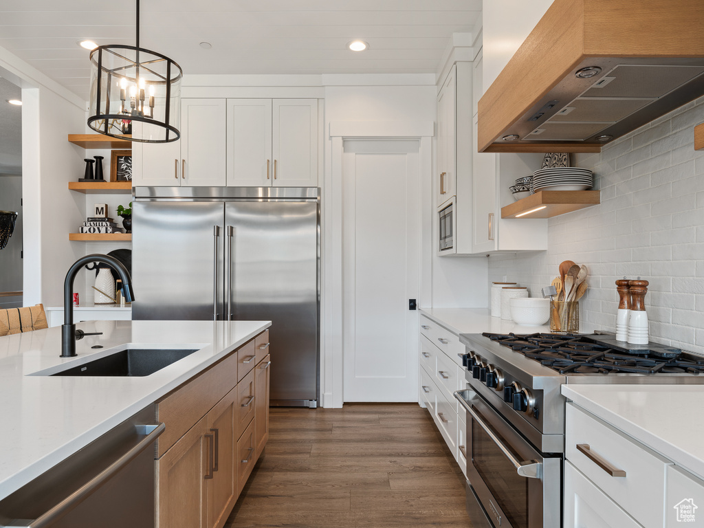 Kitchen with backsplash, dark hardwood / wood-style floors, built in appliances, and custom exhaust hood