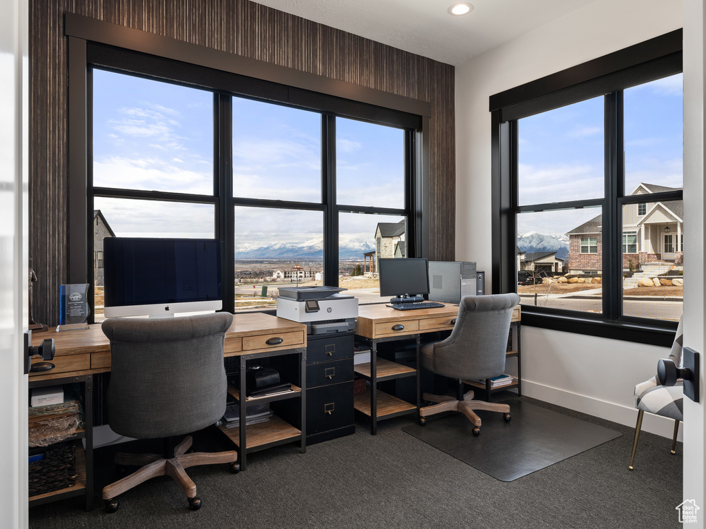 Carpeted office space with plenty of natural light and a mountain view