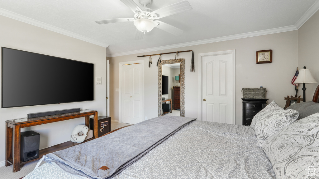 Bedroom featuring ceiling fan and ornamental molding