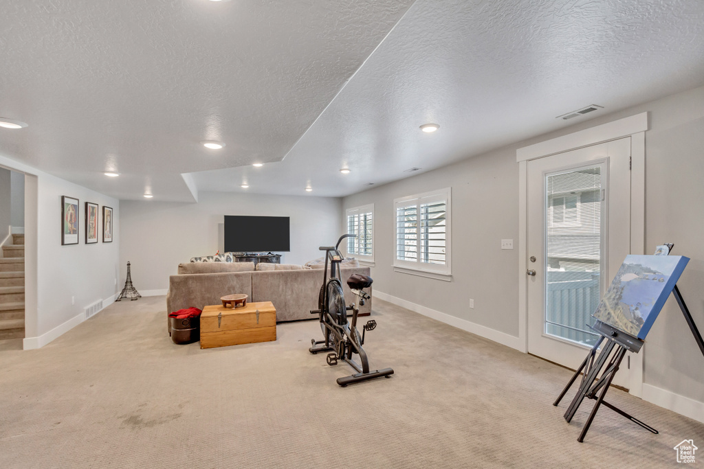 Exercise area featuring light carpet and a textured ceiling