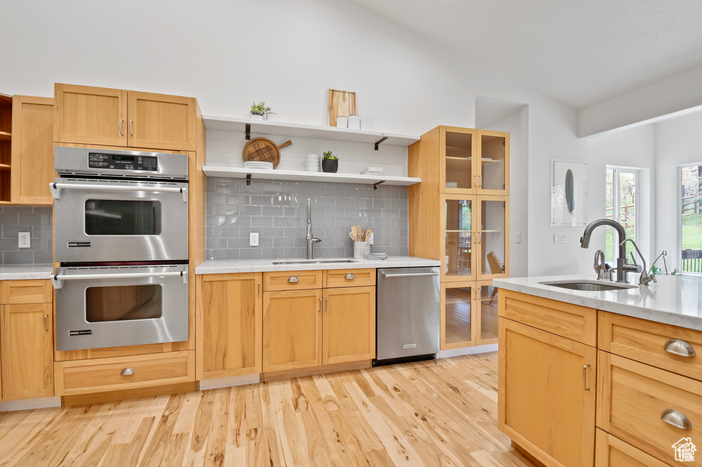 Kitchen featuring backsplash, stainless steel appliances, light hardwood / wood-style floors, and sink