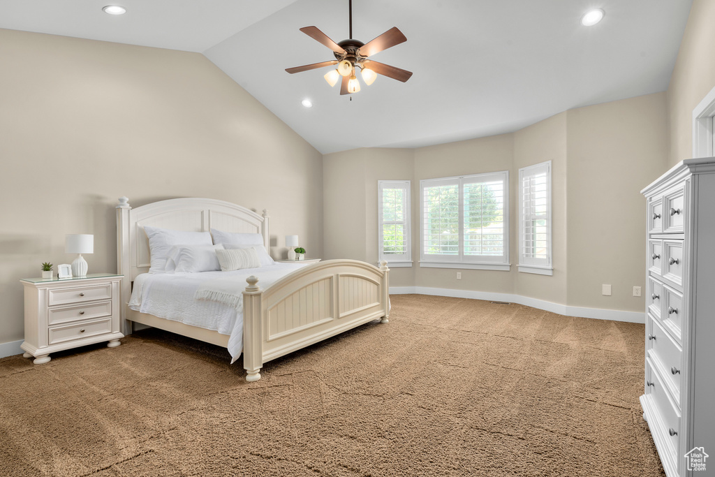Carpeted bedroom with high vaulted ceiling and ceiling fan