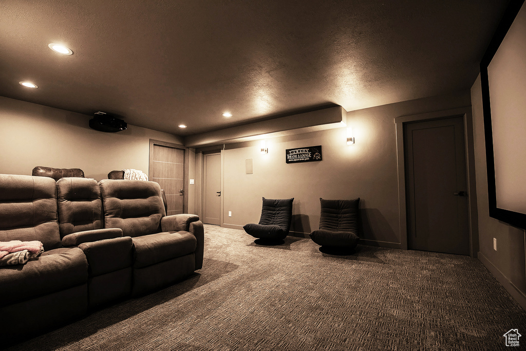 Home theater featuring carpet flooring