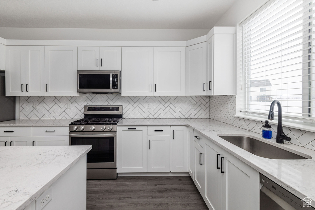 Kitchen with tasteful backsplash, stainless steel appliances, white cabinetry, and dark hardwood / wood-style flooring