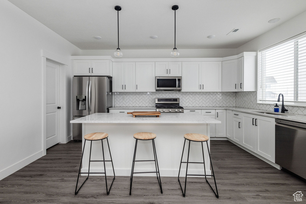 Kitchen with a kitchen island, stainless steel appliances, and dark hardwood / wood-style flooring