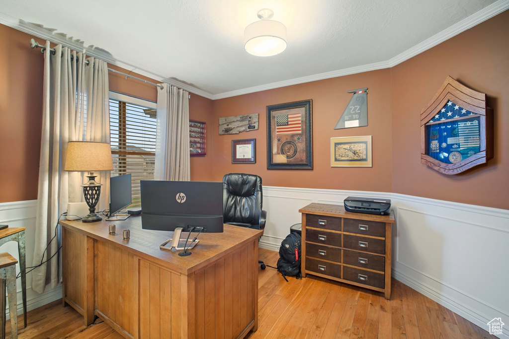 Office area with light hardwood / wood-style floors and crown molding