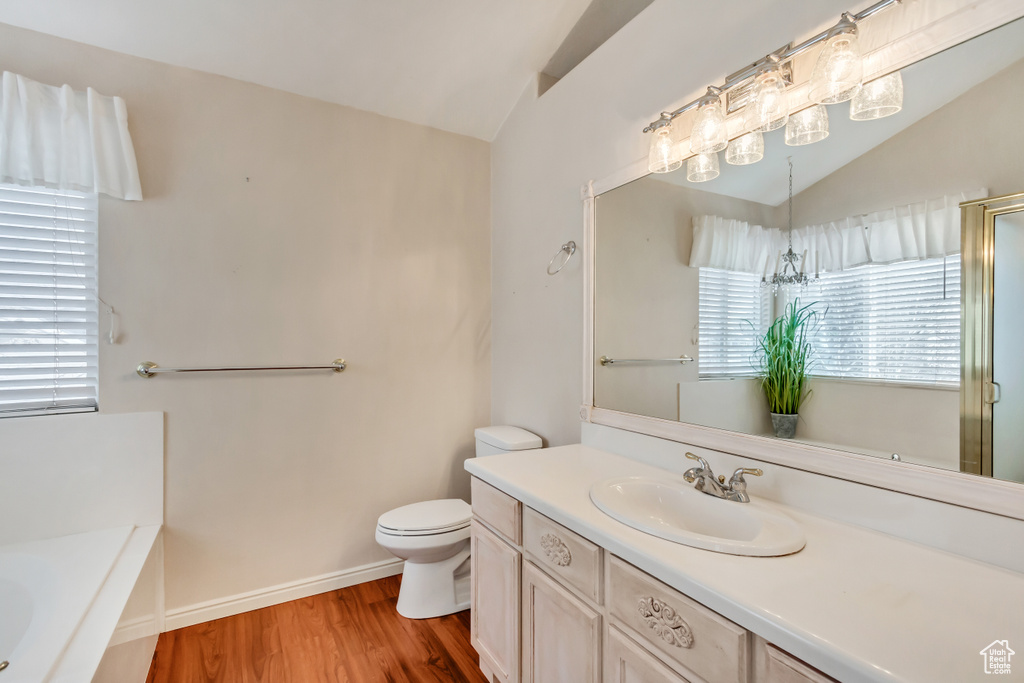 Bathroom featuring toilet, a washtub, hardwood / wood-style flooring, vanity, and lofted ceiling