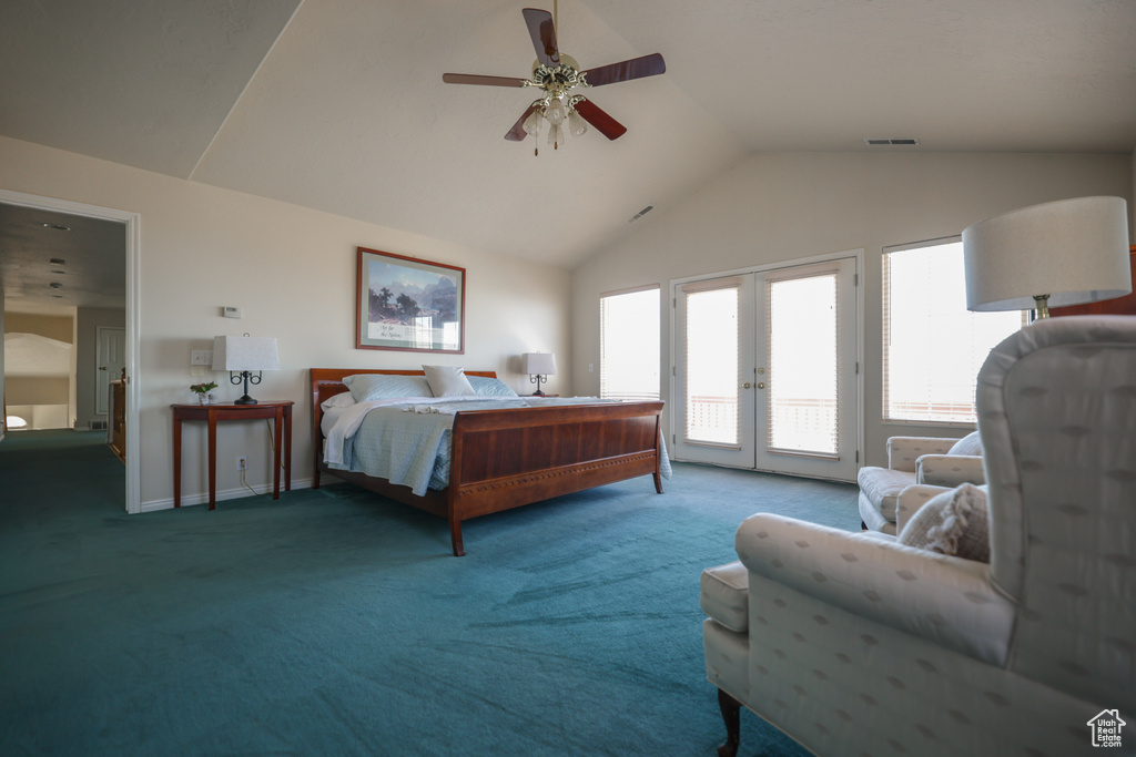 Bedroom featuring french doors, access to exterior, ceiling fan, carpet flooring, and vaulted ceiling