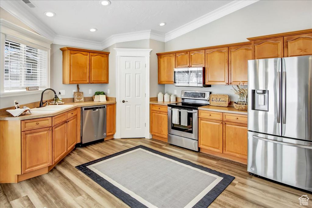 Kitchen with light hardwood / wood-style floors, vaulted ceiling, ornamental molding, appliances with stainless steel finishes, and sink