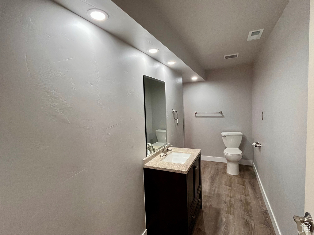 Bathroom featuring vanity, hardwood / wood-style floors, and toilet