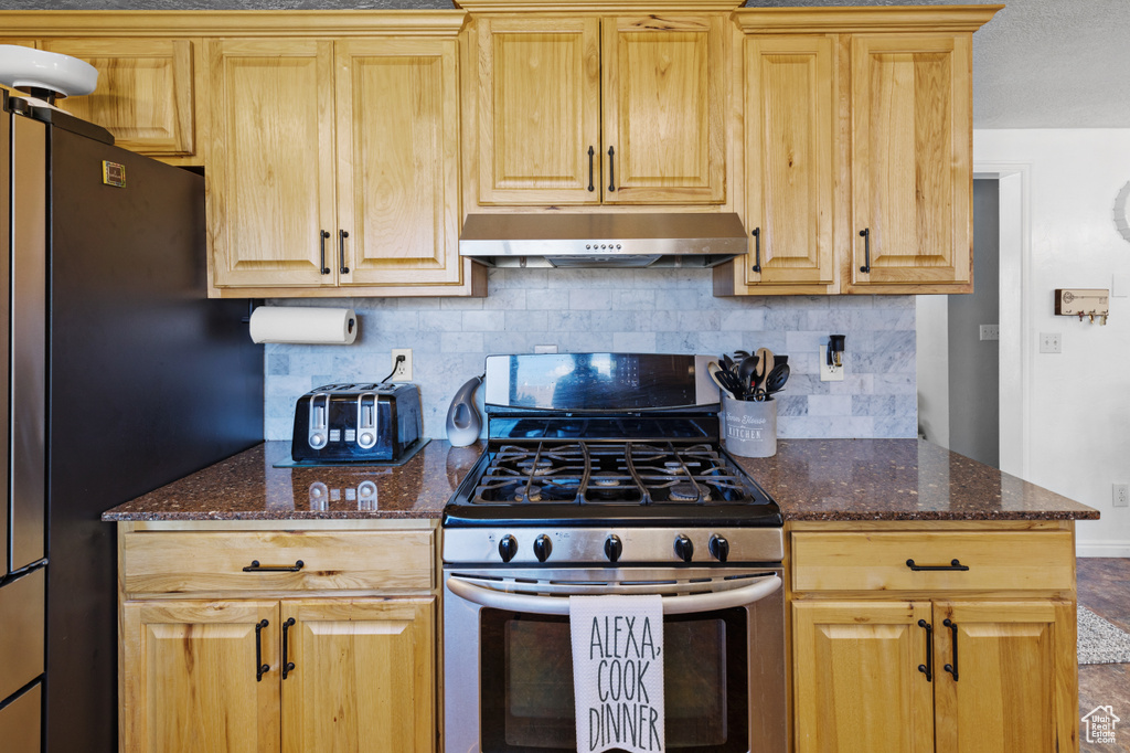 Kitchen featuring backsplash, dark stone countertops, and stainless steel appliances