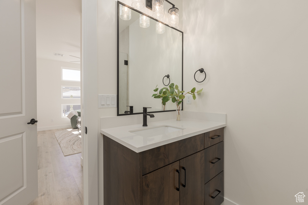 Bathroom with vanity and wood-type flooring