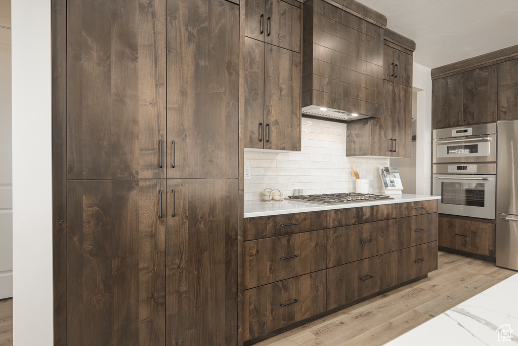 Kitchen featuring dark brown cabinets, light wood-type flooring, premium range hood, appliances with stainless steel finishes, and decorative backsplash