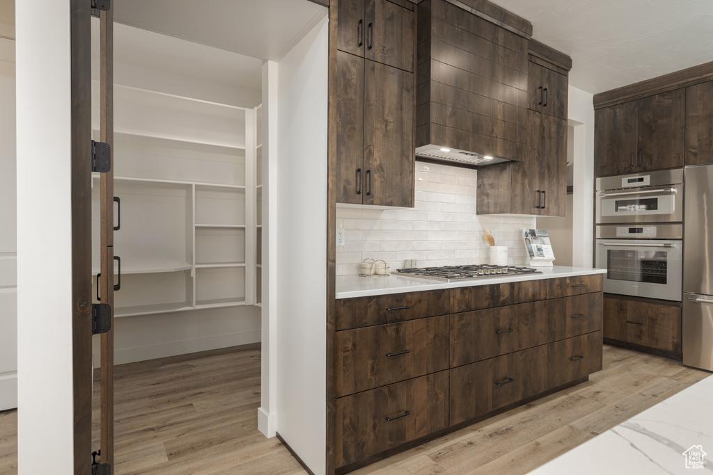 Kitchen with light hardwood / wood-style floors, custom exhaust hood, appliances with stainless steel finishes, and dark brown cabinetry