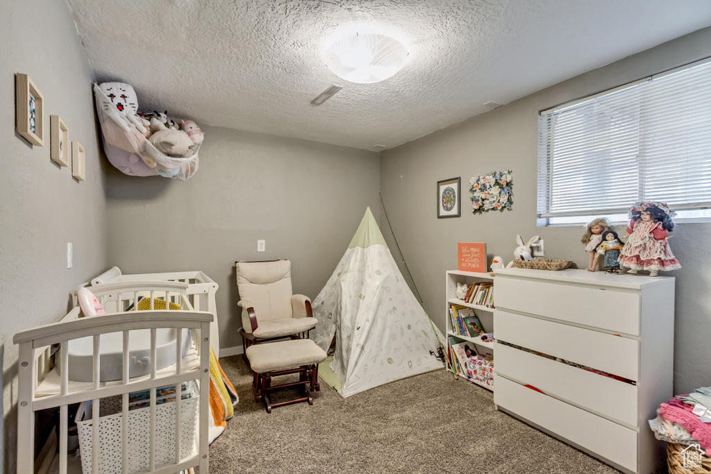 Carpeted bedroom featuring a textured ceiling and a nursery area