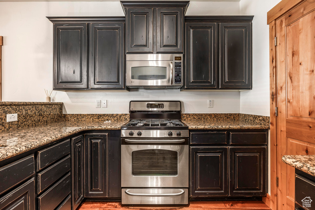Kitchen featuring dark stone countertops, light hardwood / wood-style floors, and stainless steel appliances