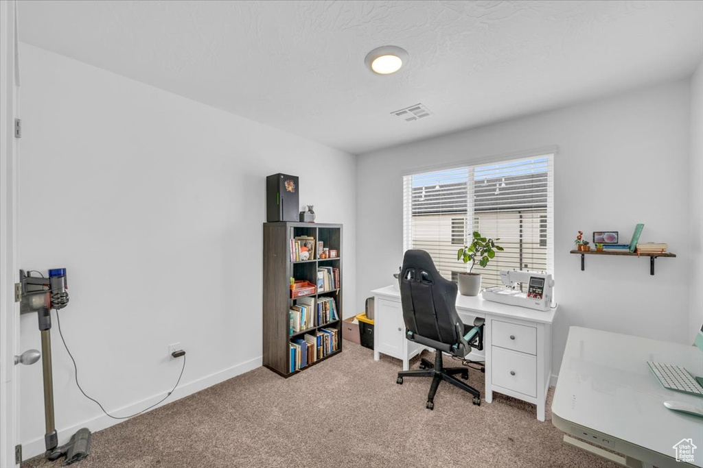Office space featuring light carpet