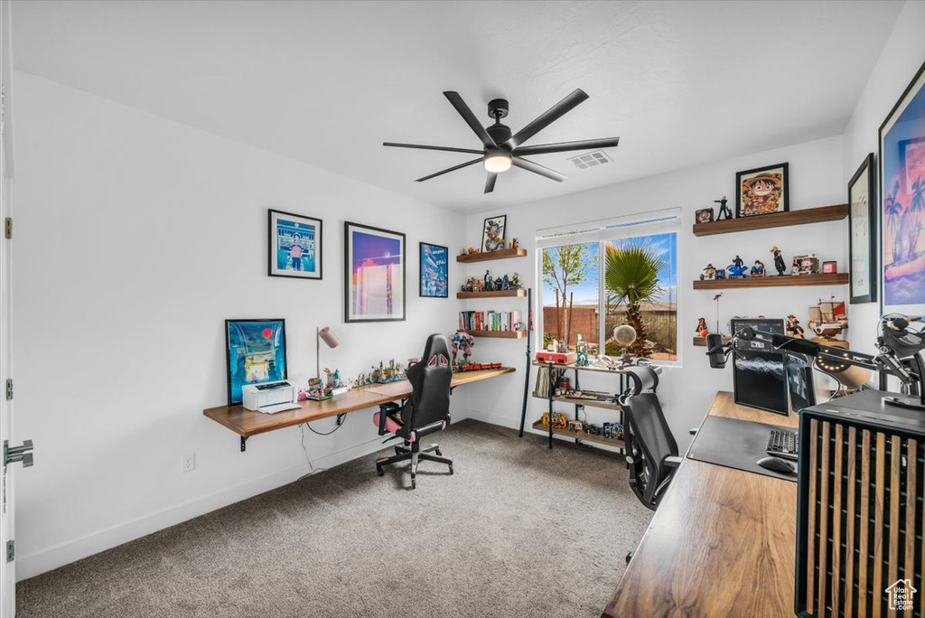 Office featuring carpet flooring and ceiling fan