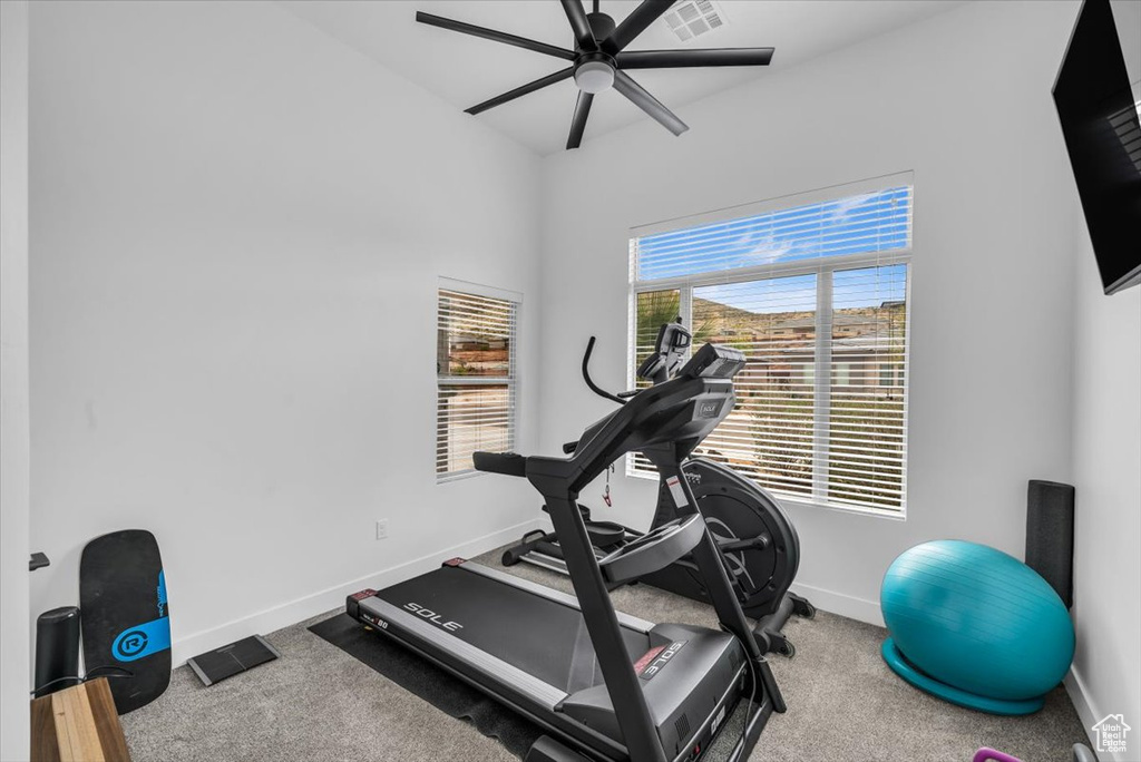 Workout room with carpet flooring and ceiling fan