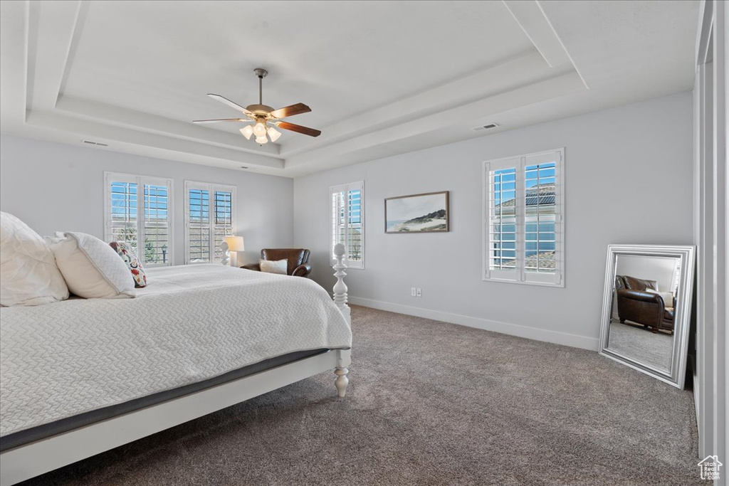 Bedroom with carpet, a tray ceiling, and ceiling fan