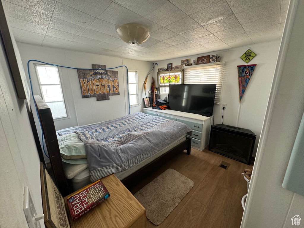Bedroom featuring dark hardwood / wood-style flooring and multiple windows