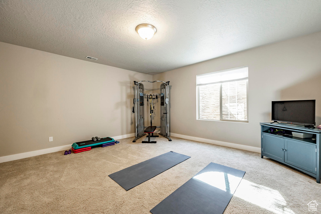 Workout room featuring light colored carpet and a textured ceiling