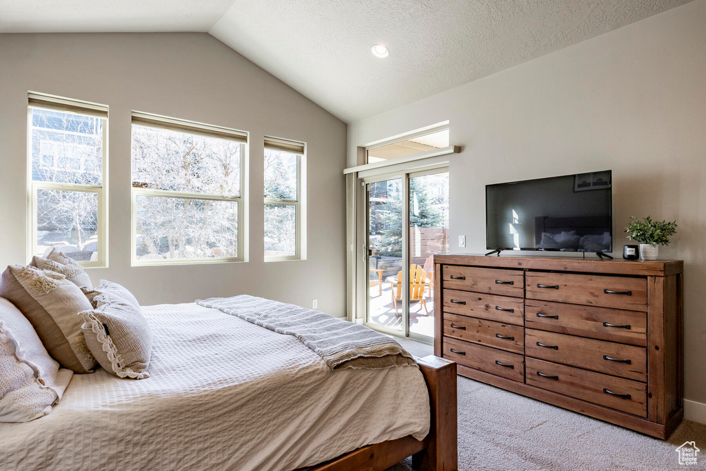 Bedroom featuring lofted ceiling, access to outside, light carpet, and a textured ceiling