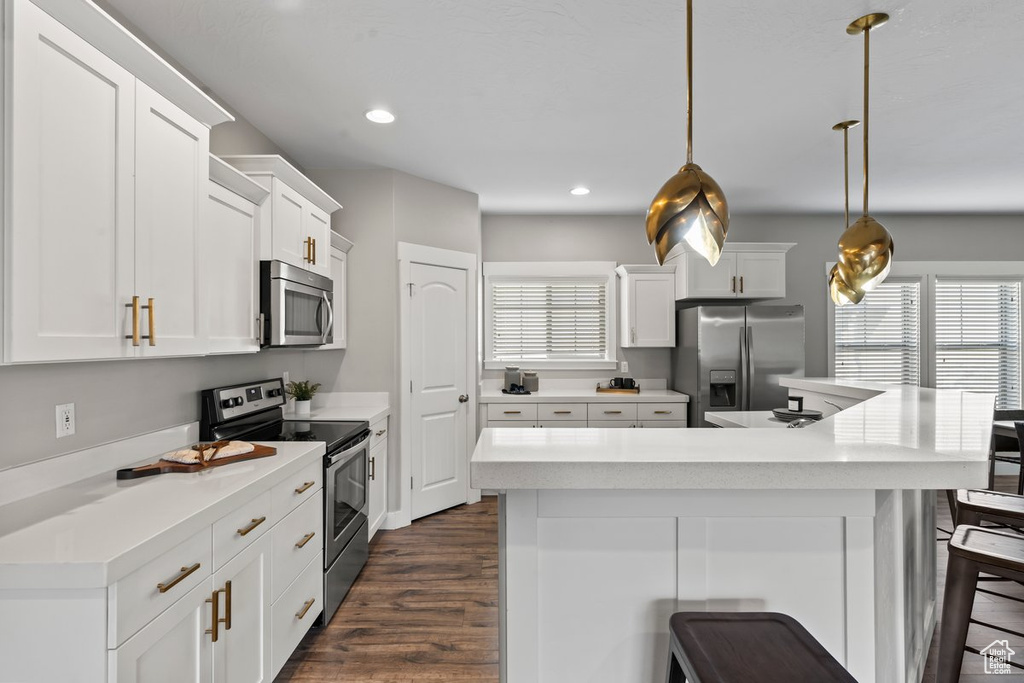 Kitchen featuring a kitchen breakfast bar, white cabinets, a wealth of natural light, and stainless steel appliances