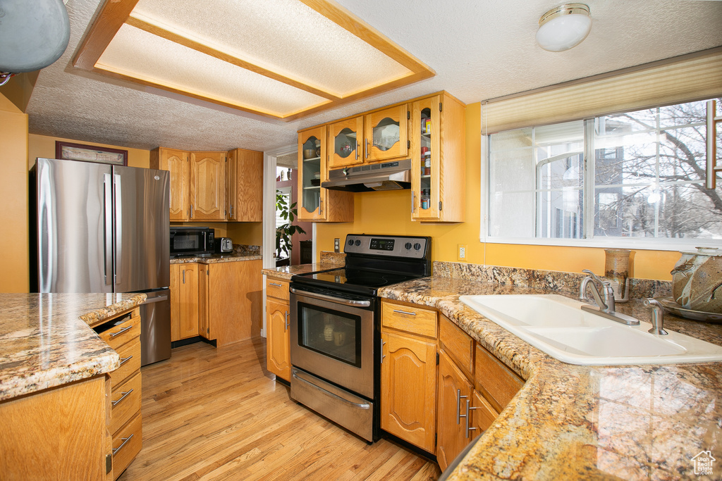 Kitchen with stainless steel appliances, sink, a wealth of natural light, and light hardwood / wood-style flooring