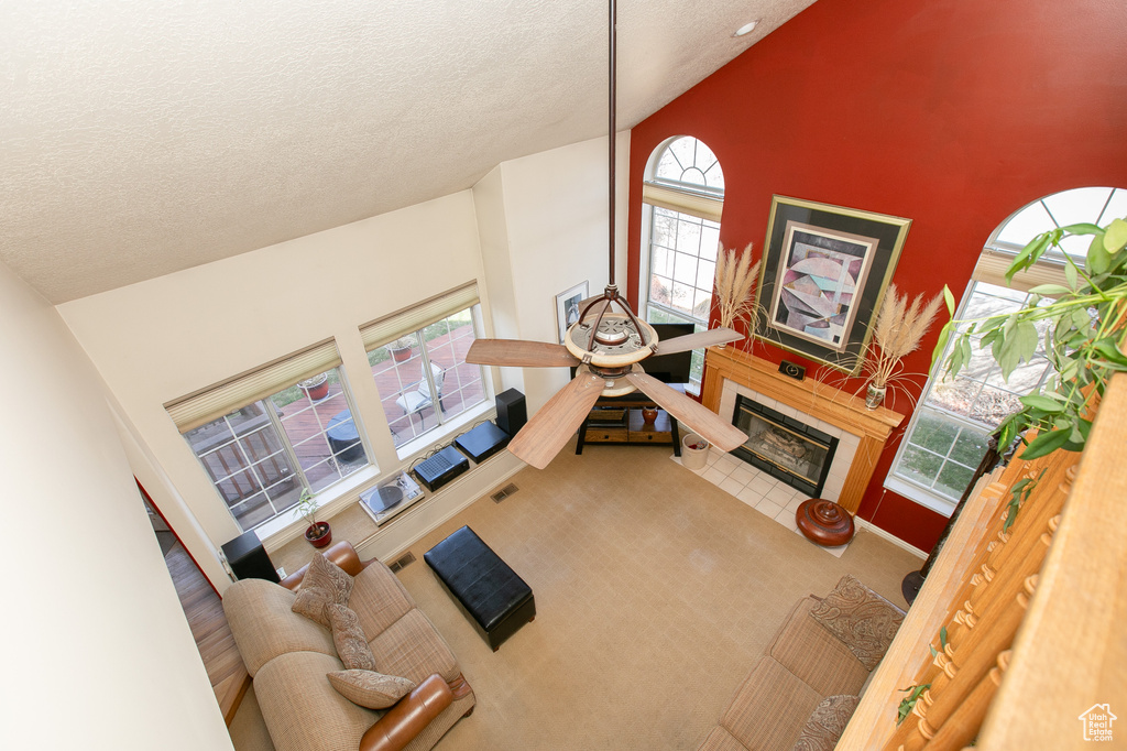 Living room featuring high vaulted ceiling, a textured ceiling, and carpet