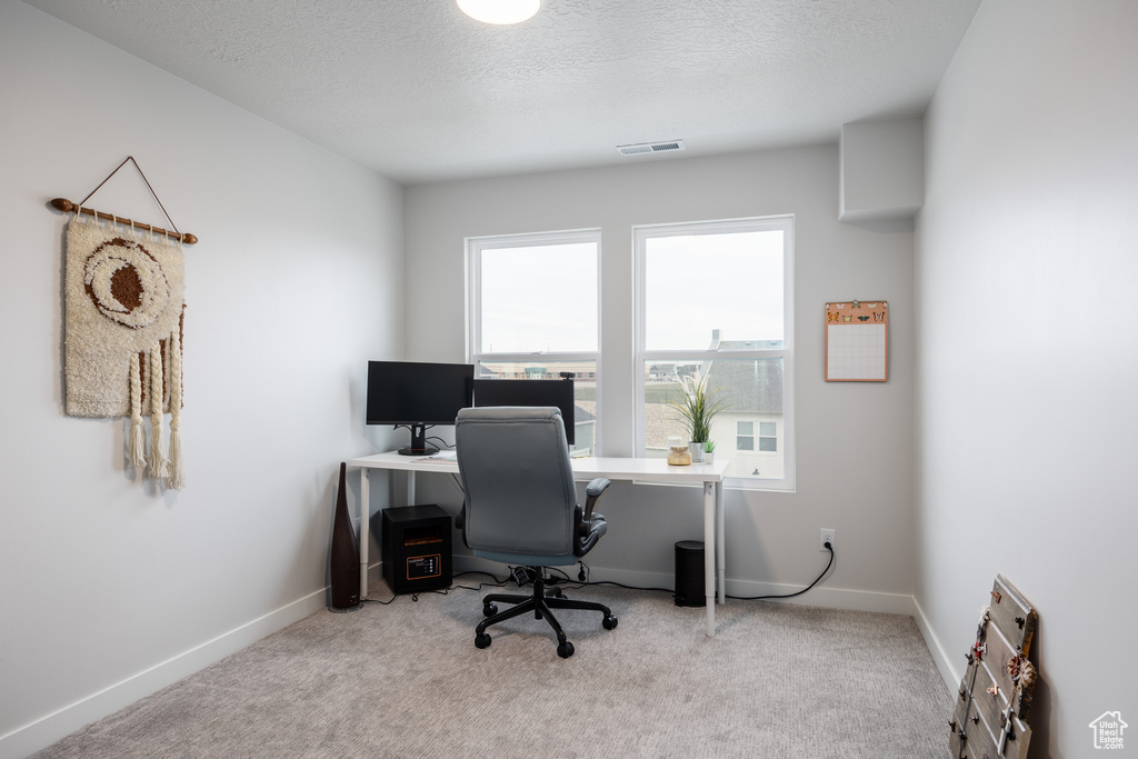 Office featuring a textured ceiling and light colored carpet