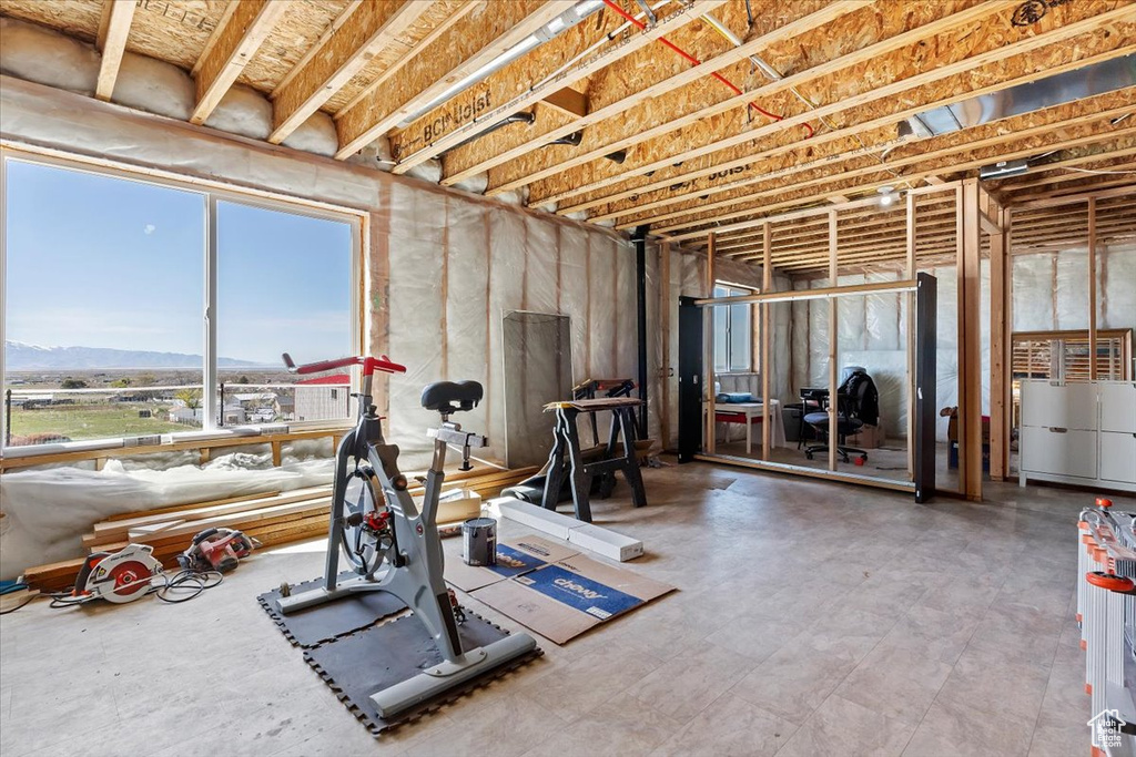 Exercise area featuring a mountain view and a wealth of natural light