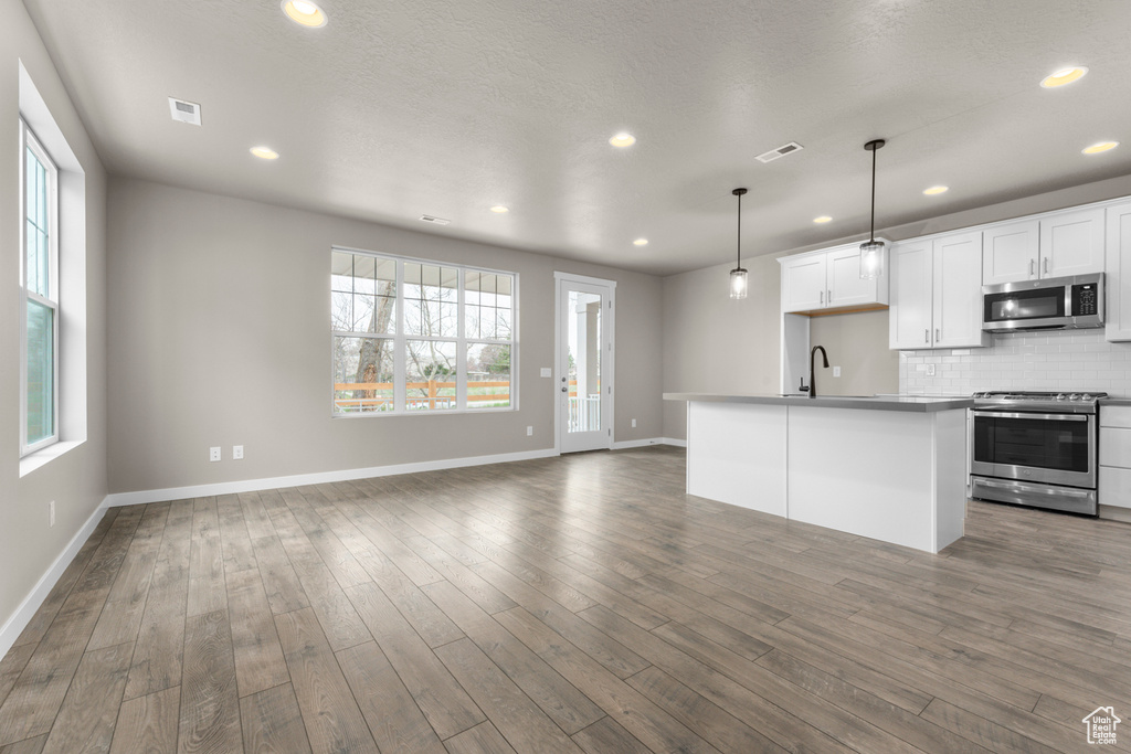 Kitchen featuring dark hardwood / wood-style floors, pendant lighting, backsplash, stainless steel appliances, and white cabinetry