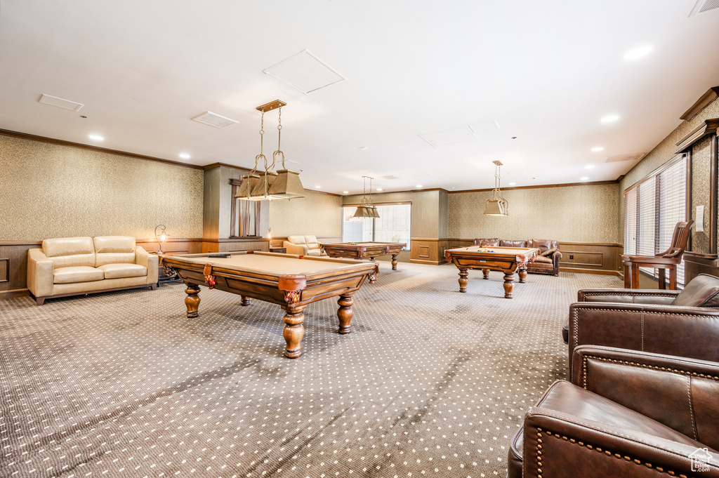Rec room with billiards and light colored carpet