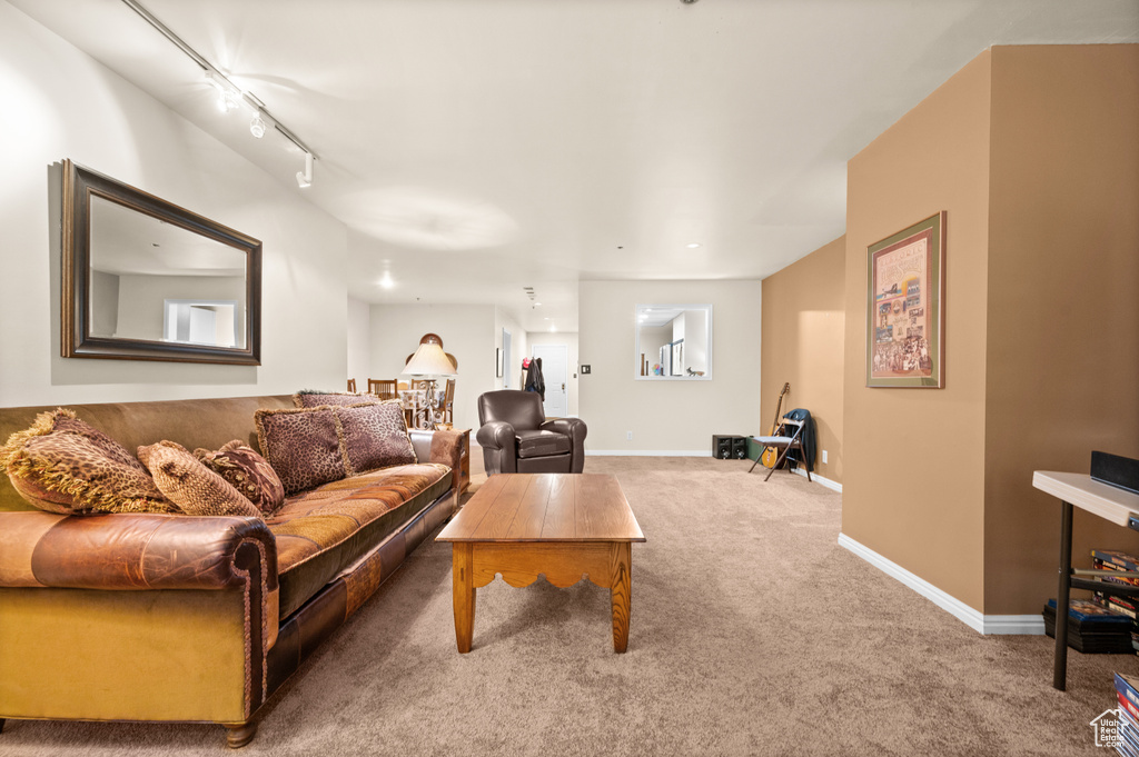 Carpeted living room featuring track lighting
