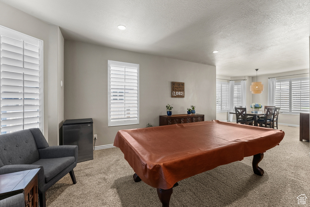 Recreation room featuring light carpet, a textured ceiling, pool table, and a wealth of natural light