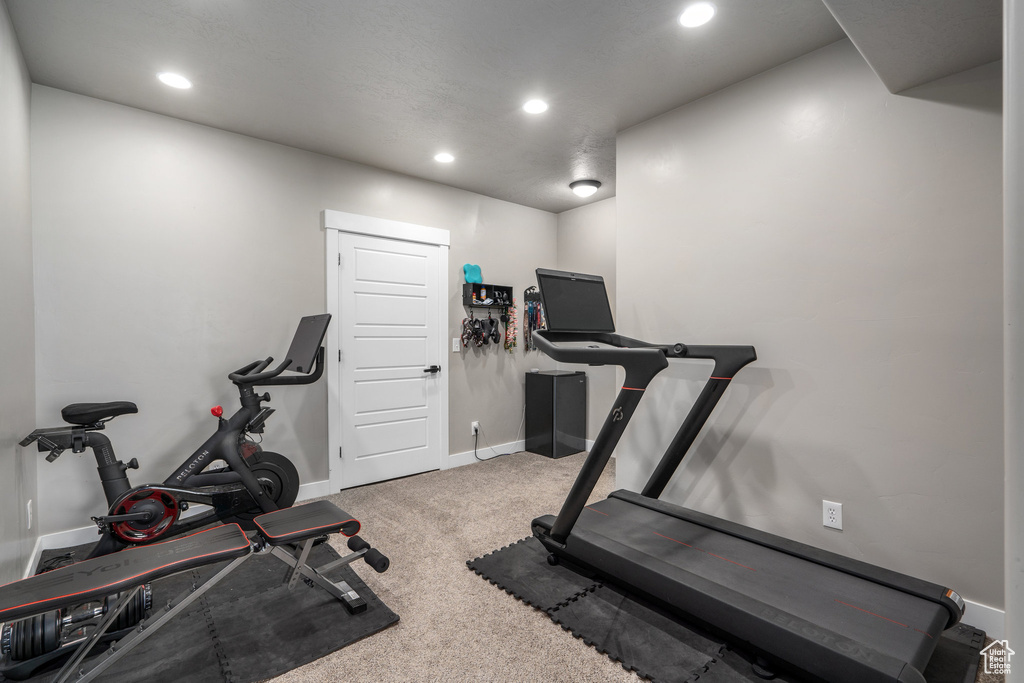 Exercise room featuring carpet